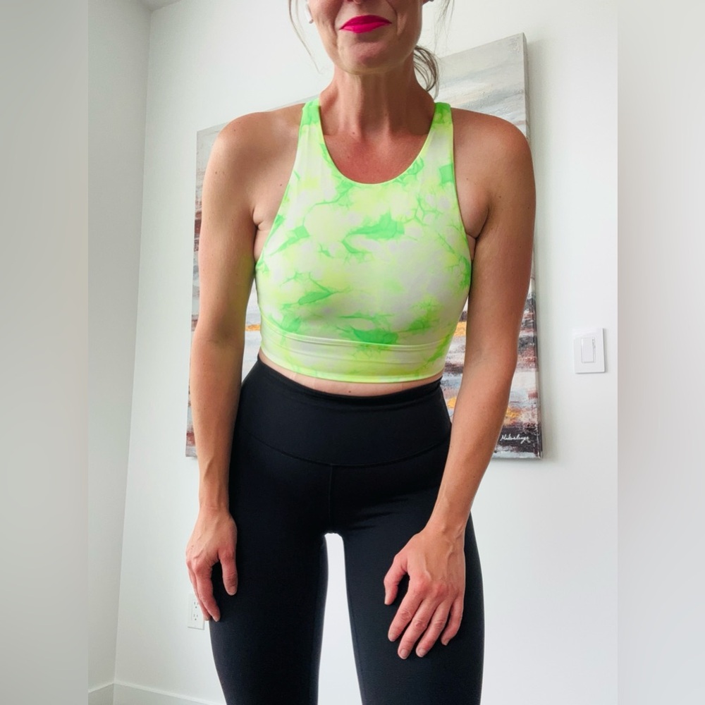 LULULEMON Energy Bra High Neck Long Line Shibori Yellow Green 4